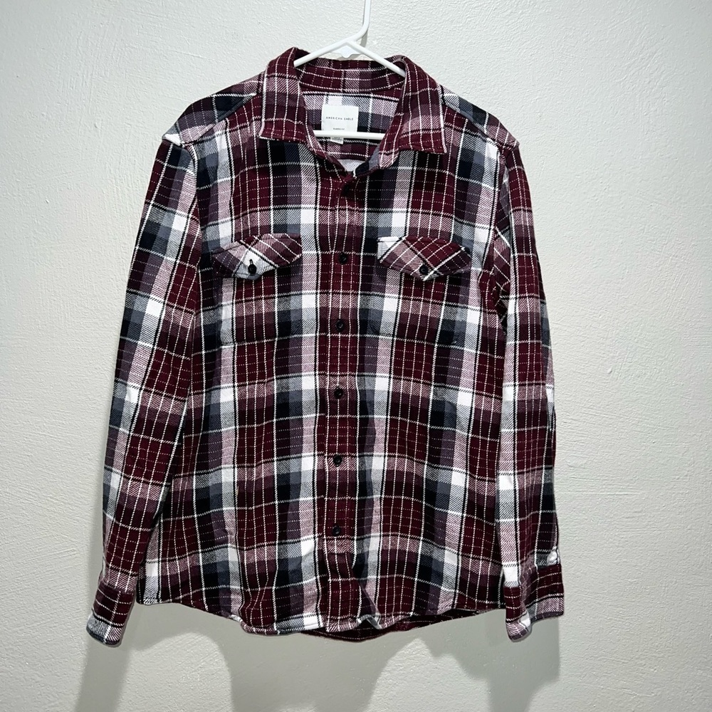 American Eagle Blue Red Flannel Plaid Button Down Heavy Shirt Jacket Shacket
